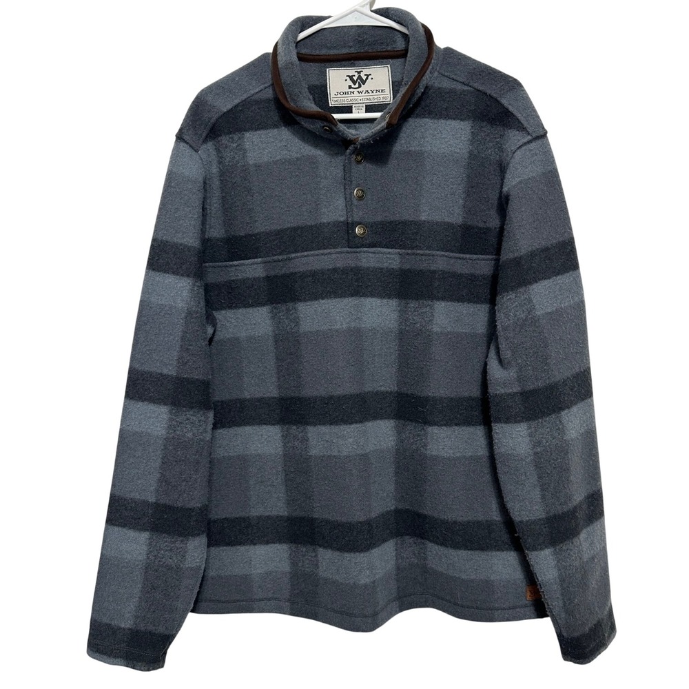 John Wayne Fleece Pullover Mens Large Grey Plaid Mock Neck 3-Button Western Top